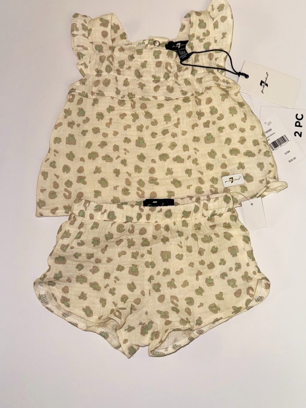 Two-Piece Infant Top & Shorts Set in Cream with Olive Spot Print